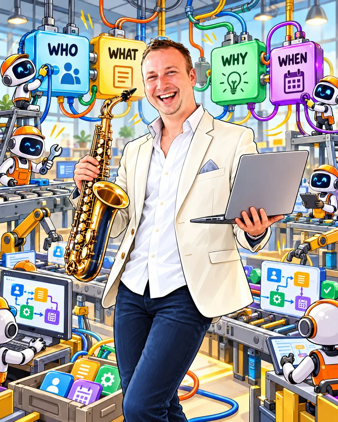 Illustration of Shaun with his saxophone and laptop in a playful robot factory, where friendly robots sort the work into four boxes labelled Who, What, Why and When.